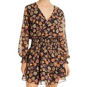 NWT AQUA Floral Long Sheer Ruffle Sleeve Smock Waist Lined Dress Size Medium